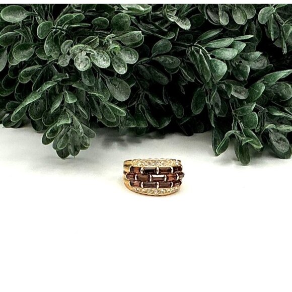 Vintage Style Gold-Tone Band Ring With Brown & Clear Rhinestones - Picture 4 of 8
